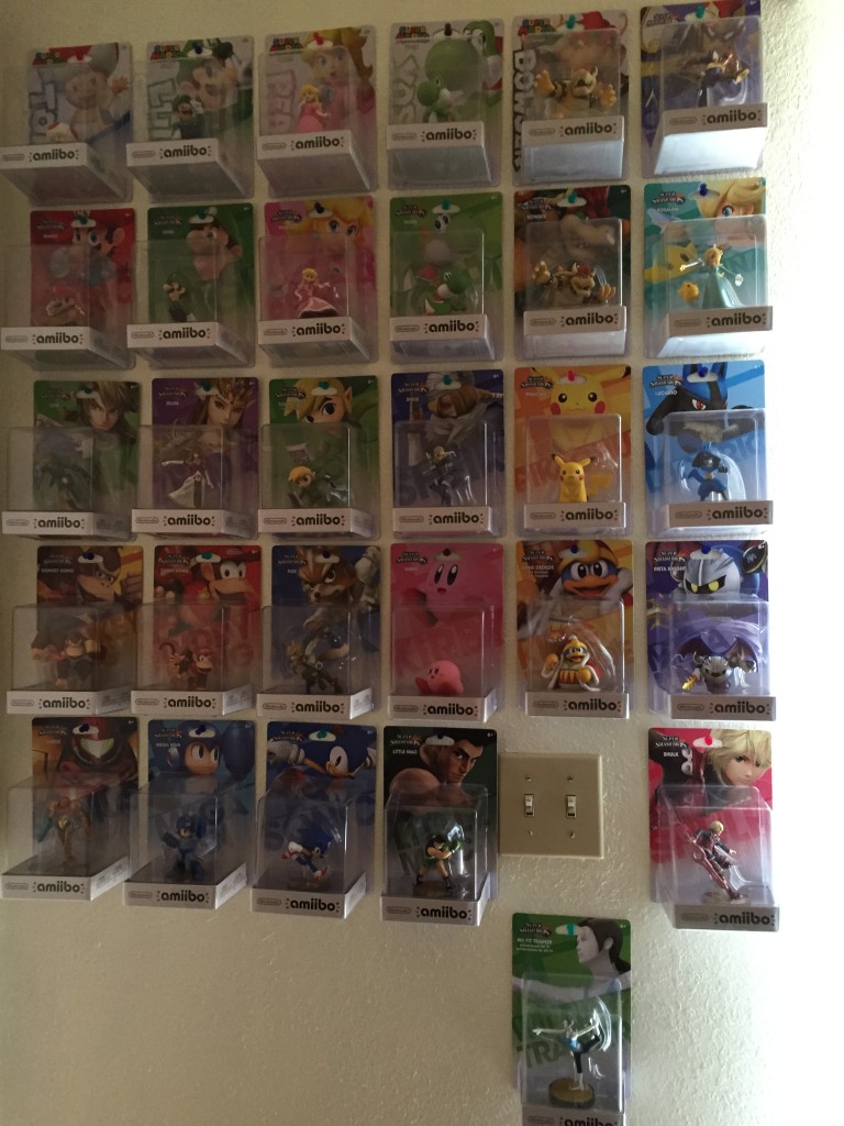 I have 47 amiibo in my household. Only nine of those 45 are open and put to gaming use. Everything else is either on my wall, or boxed up somewhere waiting to be traded for other more favorable characters. The only amiibo I don't have are Marth, Villager, Pit, Ike, and Gold Mario.
